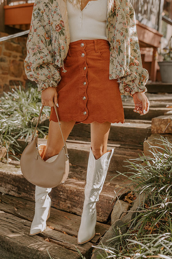 The Sienna High Waist Corduroy Mini Skirt in Rust