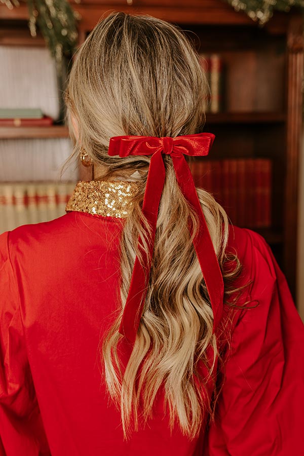 The Alice Long Velvet Bow Hair Clip in Red