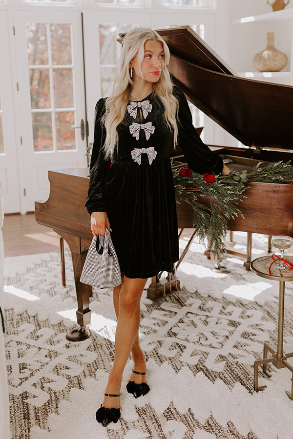 Bows And Kisses Velvet Mini Dress in Black