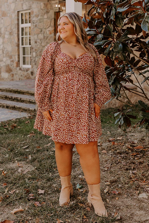 Harvest Cutie Floral Mini Dress in Dark Rust Curves