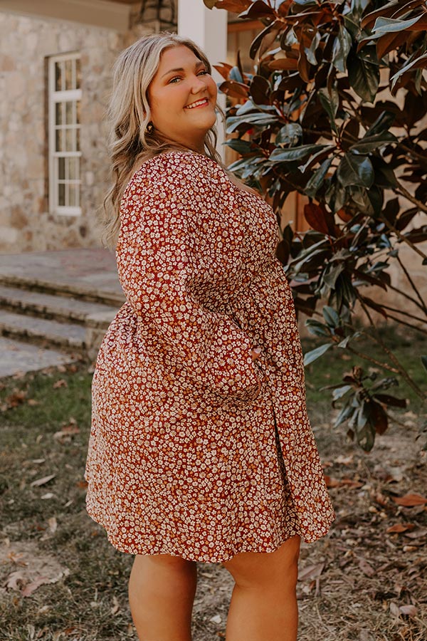 Harvest Cutie Floral Mini Dress in Dark Rust Curves