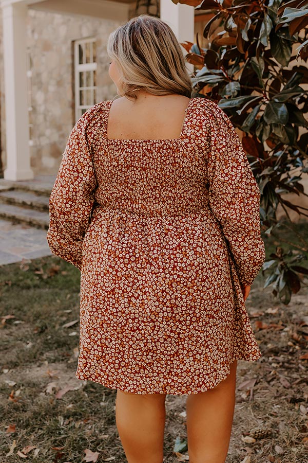 Harvest Cutie Floral Mini Dress in Dark Rust Curves