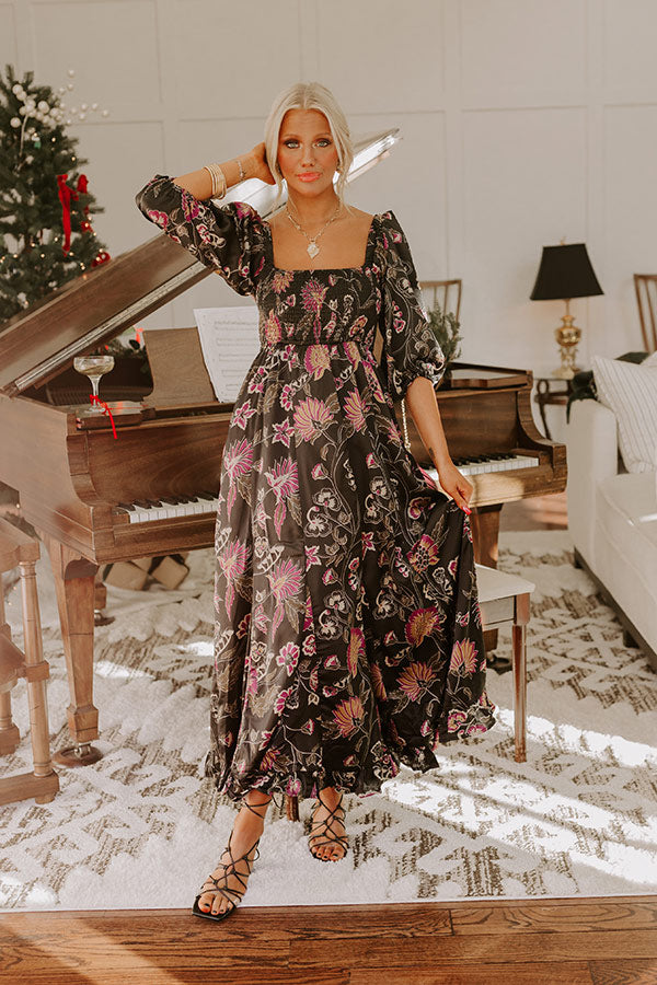 Autumn Encounters Satin Floral Maxi Dress S / Black Autumn Encounters Satin Floral Maxi Dress S / Black