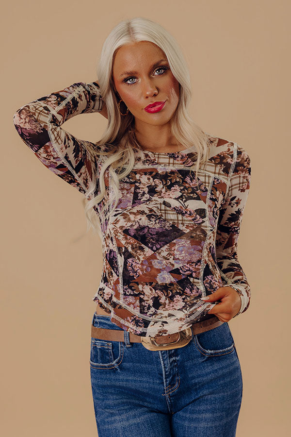 Posh Mindset Floral Mesh Top in Brown Image - 2