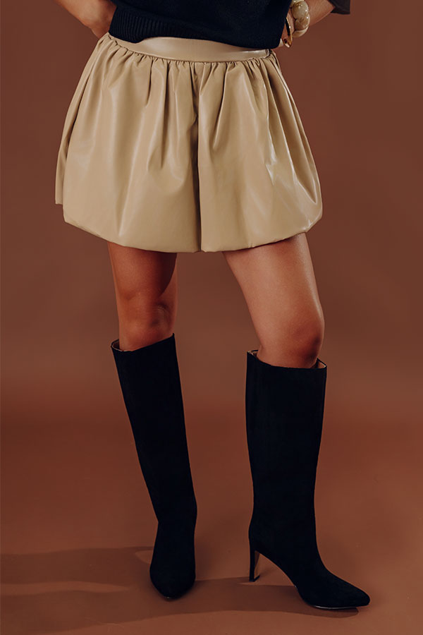 The Sofia High Waist Faux Leather Skirt in Beige