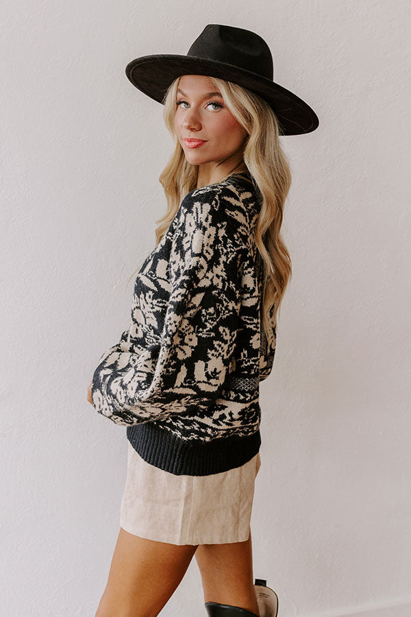 Chic Statement Floral Knit Sweater in Black