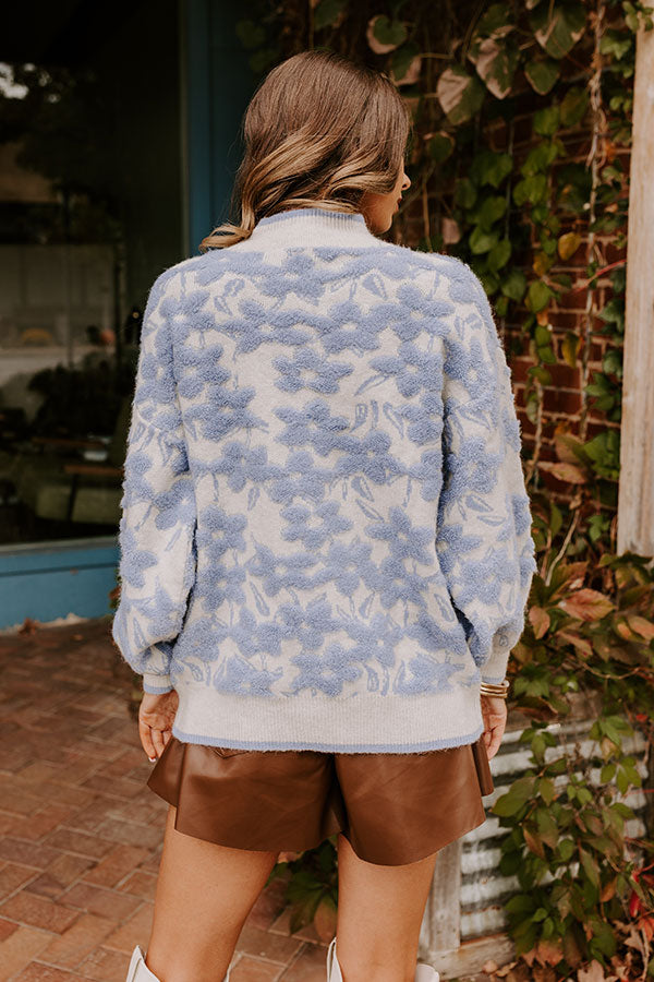 Cafe Cozy Floral Knit Sweater in Sky Blue