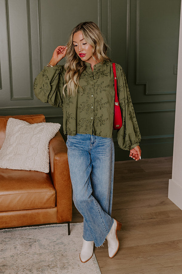 Lost In Love Embroidered Button Up in Olive