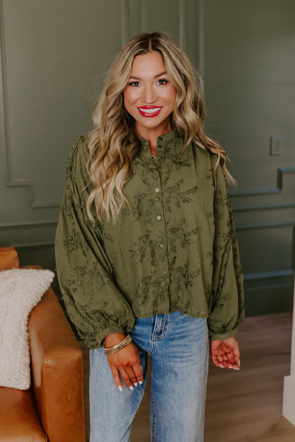 Lost In Love Embroidered Button Up in Olive