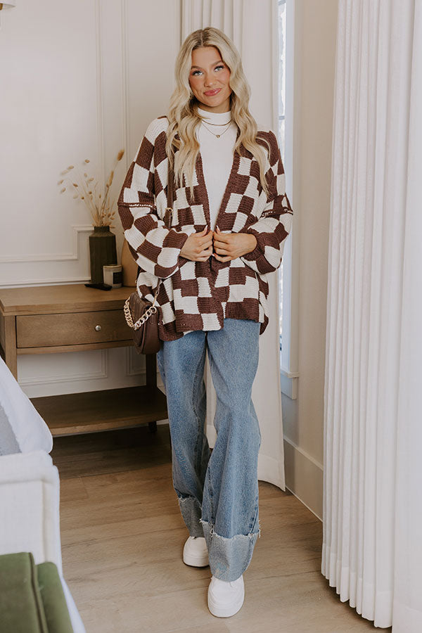 Chic Checkmate Knit Cardigan in Chestnut