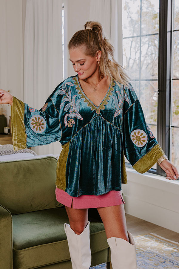 Feeling Boho Embroidered Velvet Top in Teal