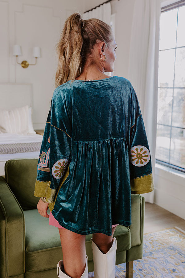 Feeling Boho Embroidered Velvet Top in Teal