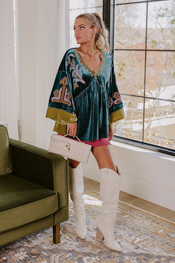 Feeling Boho Embroidered Velvet Top in Teal