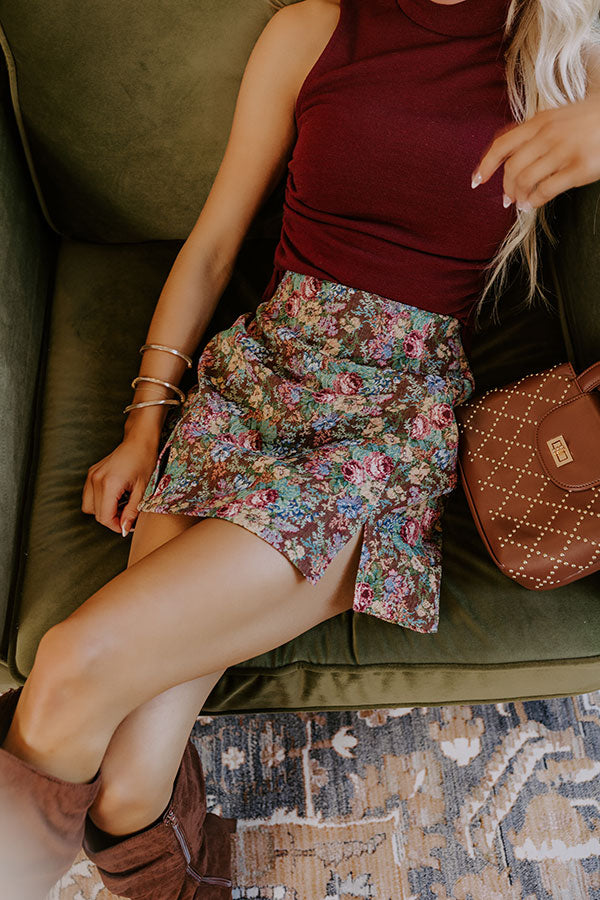 The Grace High Waist Floral Mini Skirt in Chocolate