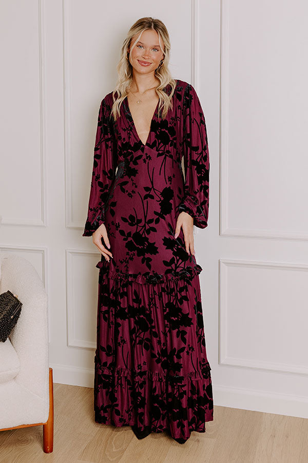Moonlit Rendezvous Velvet Burnout Maxi Dress in Windsor Wine S / windsor-wine Moonlit Rendezvous Velvet Burnout Maxi Dress in Windsor Wine S / windsor-wine