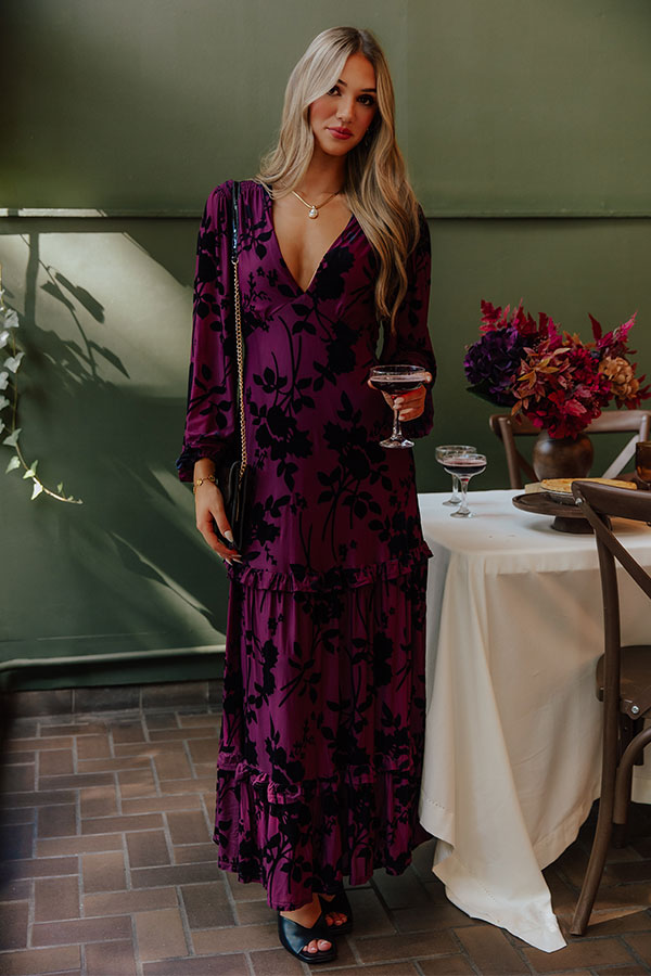 Moonlit Rendezvous Velvet Burnout Maxi Dress in Windsor Wine Image - 1