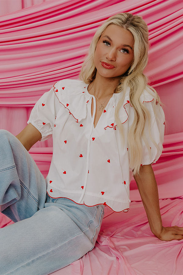 Candy Hearts Embroidered Top in White