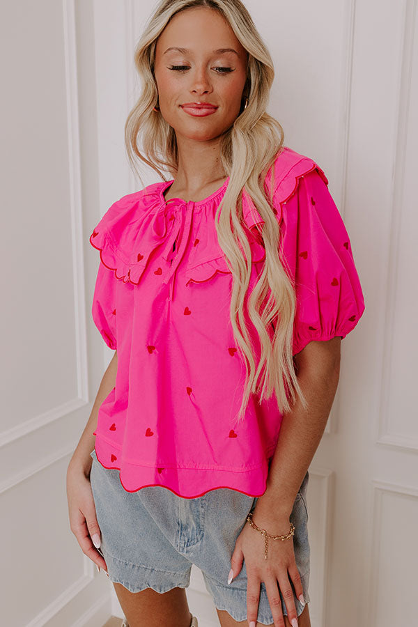 Candy Hearts Embroidered Top in Hot Pink