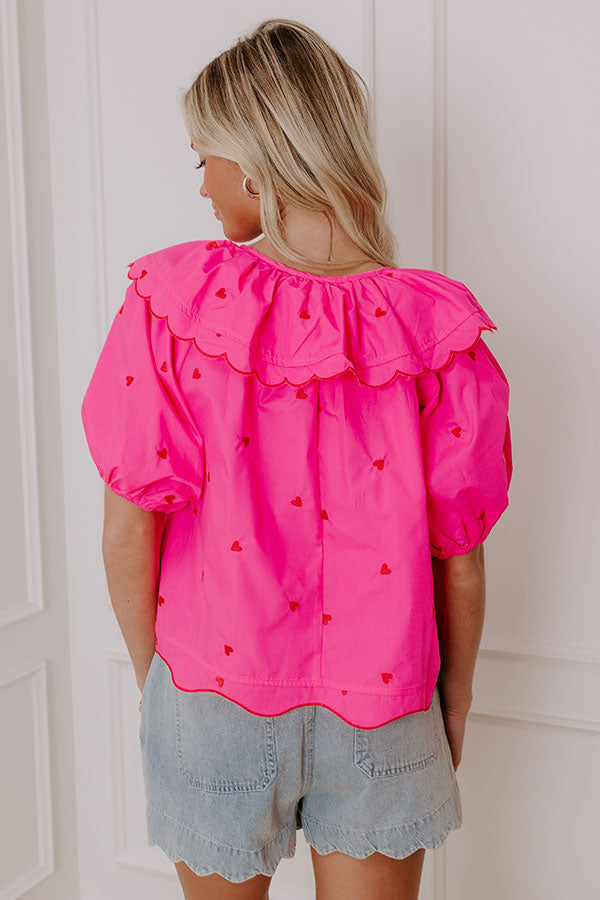 Candy Hearts Embroidered Top in Hot Pink