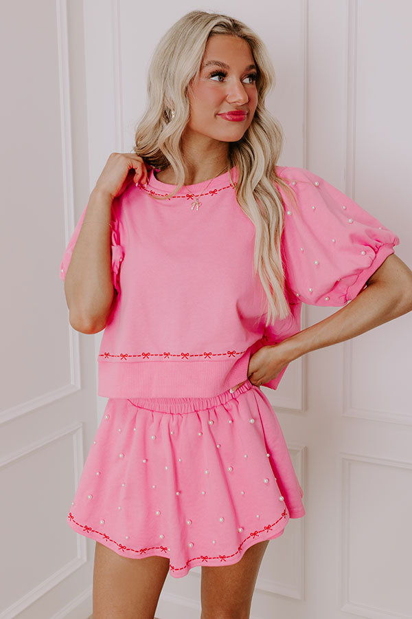 Bows And Kisses Pearl Embellished Top in Pink