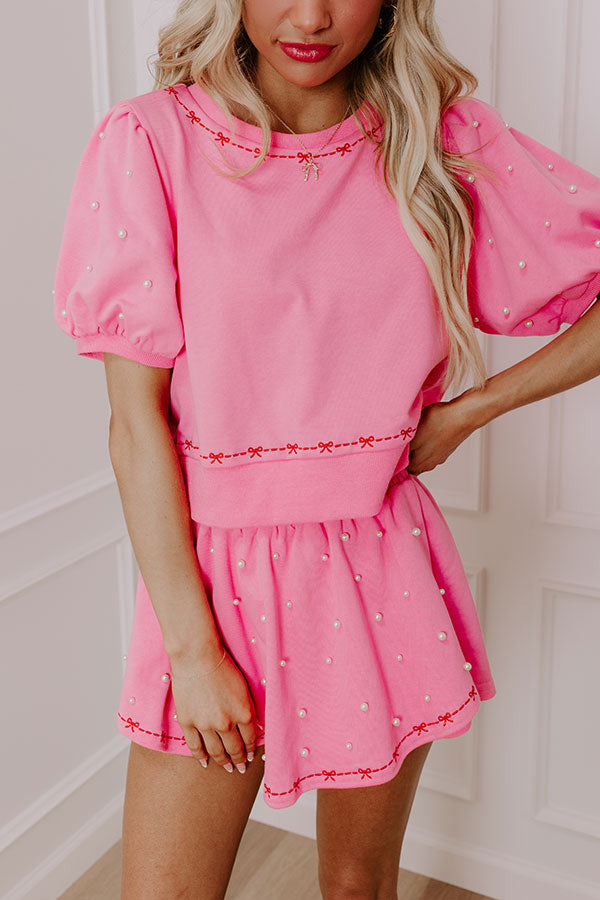 Bows And Kisses Pearl Embellished Top in Pink