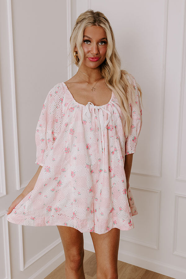 Sweetest Smile Eyelet Floral Romper in Pink   