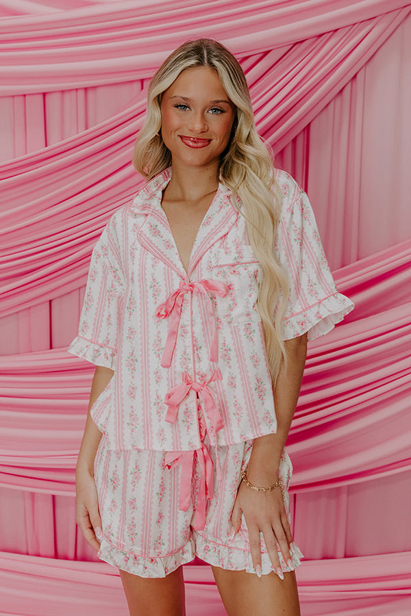 Cozy Tea Time Floral Satin Pajama Top in Pink