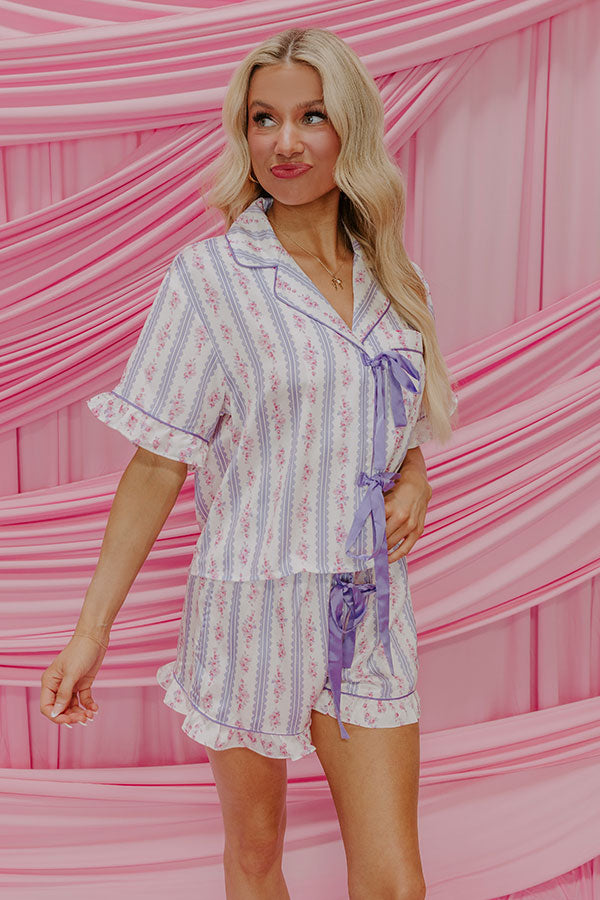 Cozy Tea Time Floral Satin Pajama Top in Lavender