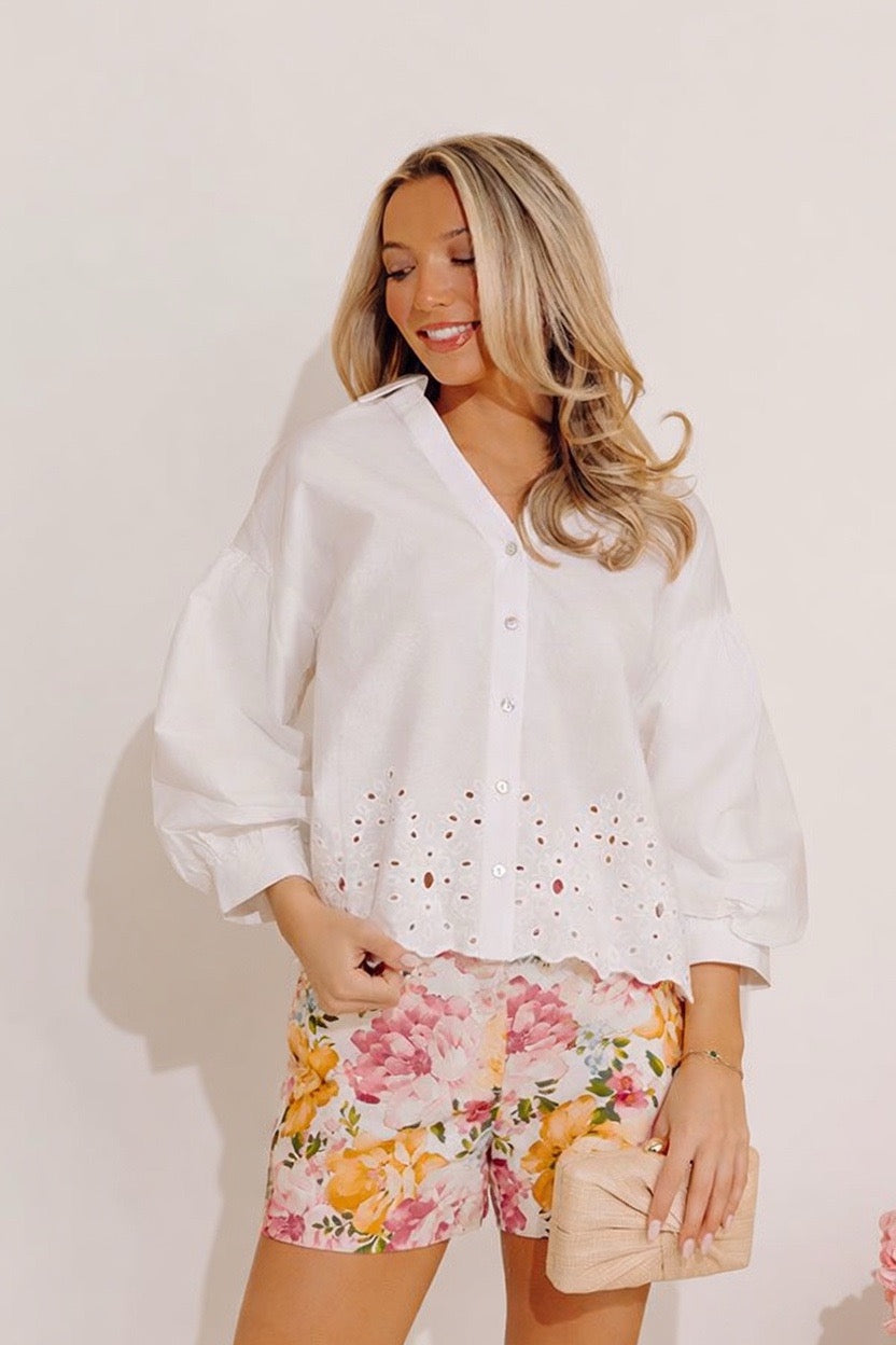 Kind Gesture Eyelet Top in White Image - 1