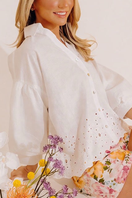 Kind Gesture Eyelet Top in White Image - 5