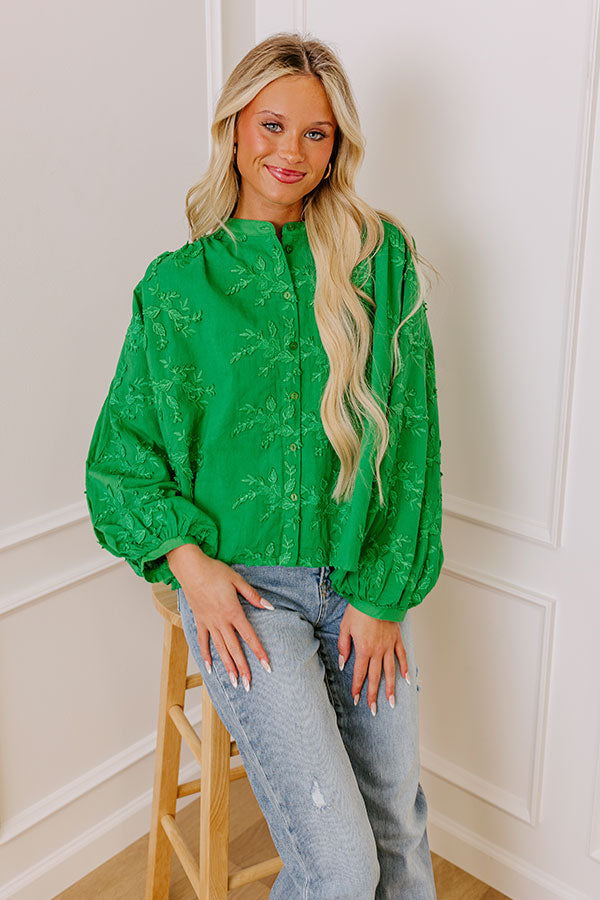 Lost In Love Embroidered Button Up in Kelly Green