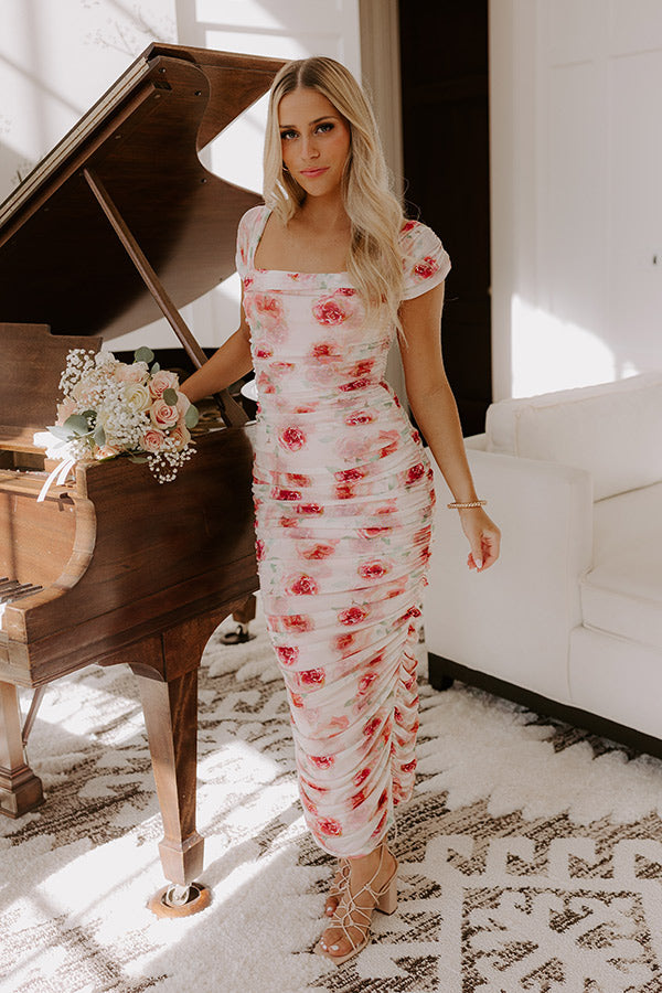 Lost In Love Floral Ruched Midi Dress S / peach Lost In Love Floral Ruched Midi Dress S / peach