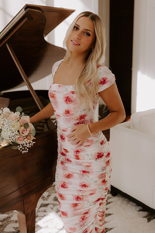 floral ruched dress Sage Floral Print Mesh Ruched Ruffle Laced Hem Dress