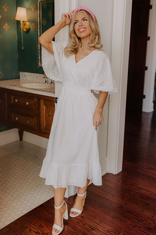 eyelet midi dress with sleeves Romantic Bliss Eyelet Midi Dress S / White