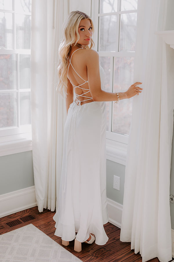 express white satin dress Satin V-neck Sleeveless Tie Shoulder Maxi Slip Dress