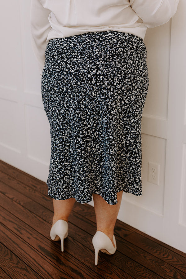 The Caitlyn High Waist Floral Midi Skirt in Navy Curves