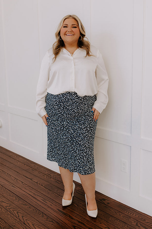 The Caitlyn High Waist Floral Midi Skirt in Navy Curves