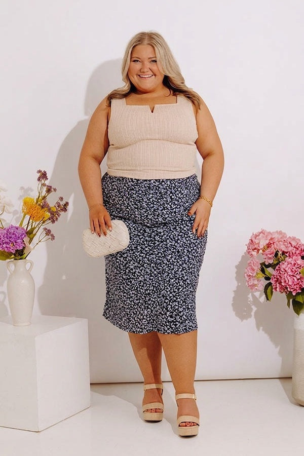 The Caitlyn High Waist Floral Midi Skirt in Navy Curves