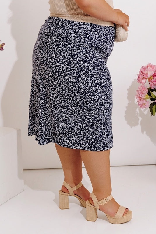 The Caitlyn High Waist Floral Midi Skirt in Navy Curves Image - 3