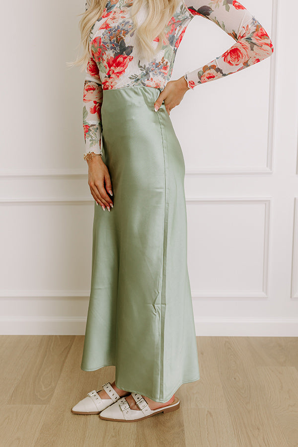 The Tiffany High Waist Satin Midi Skirt in Sage