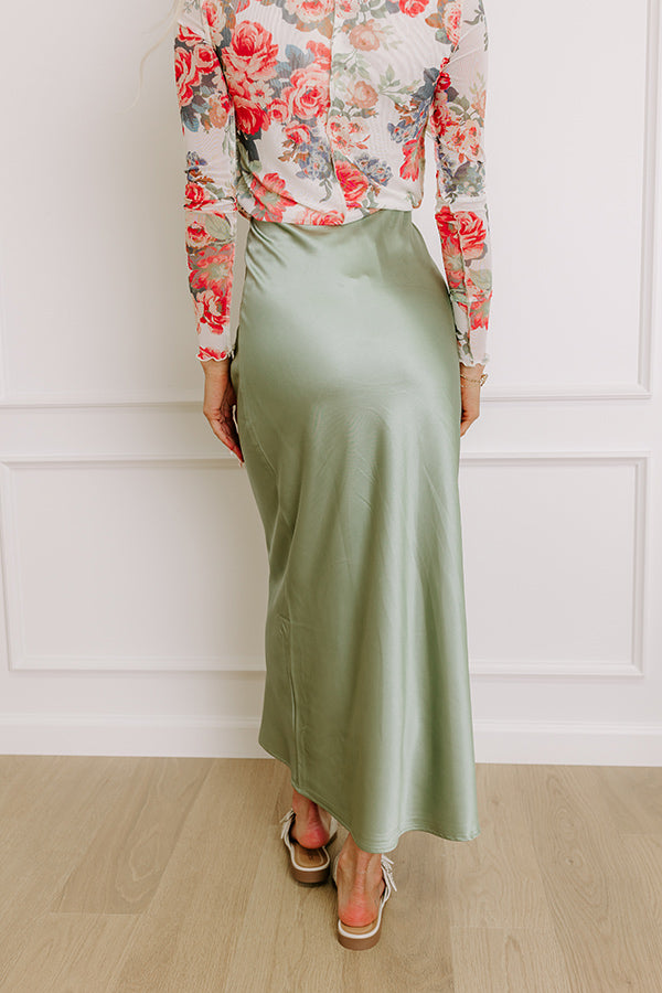 The Tiffany High Waist Satin Midi Skirt in Sage