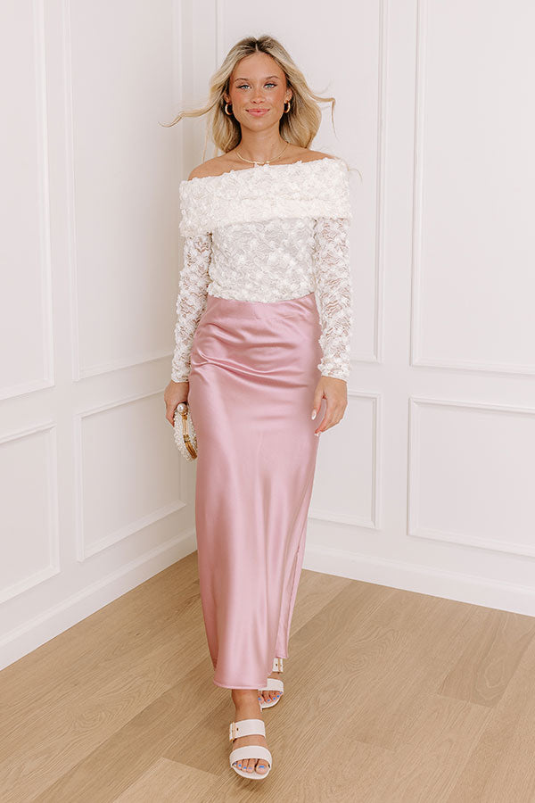 The Tiffany High Waist Satin Midi Skirt in Pink