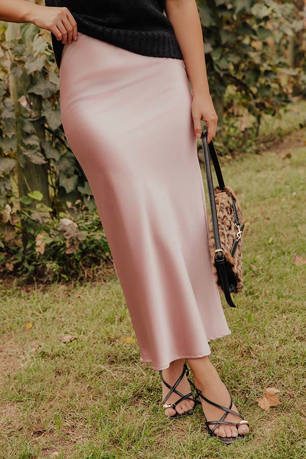 The Tiffany High Waist Satin Midi Skirt in Pink Image - 2