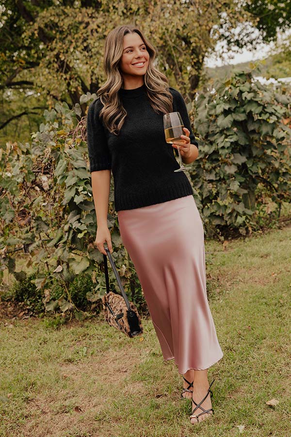 The Tiffany High Waist Satin Midi Skirt in Pink
