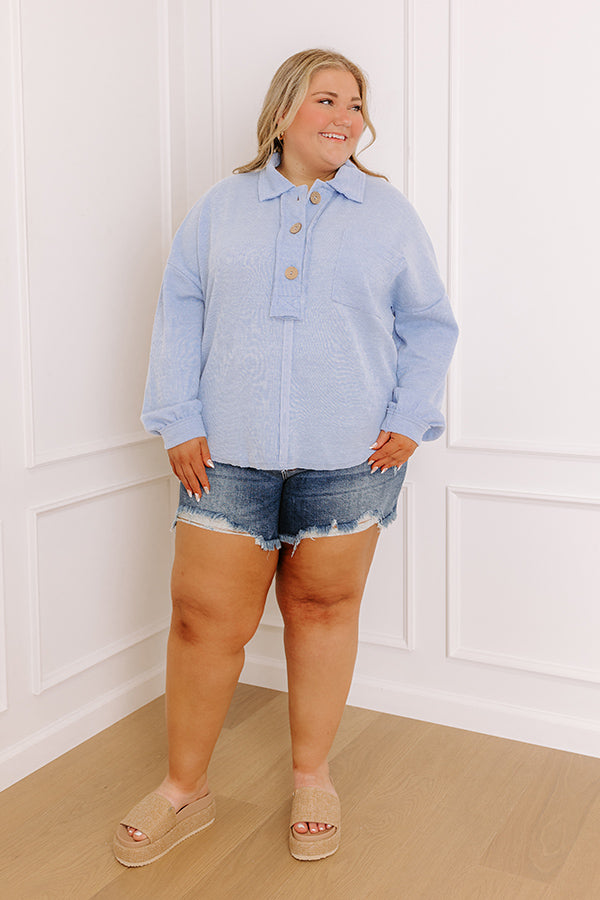 Chic Harvest Knit Henley Top in Sky Blue Curves