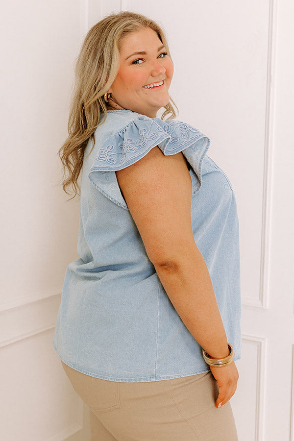 Farmers Market Cutie Embroidered Chambray Top in Light Wash Curves