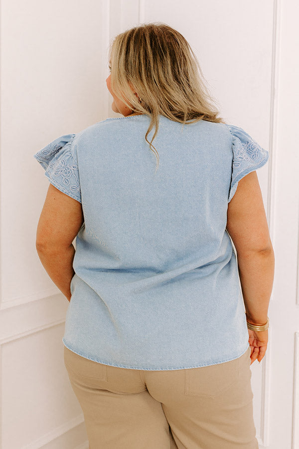 Farmers Market Cutie Embroidered Chambray Top in Light Wash Curves