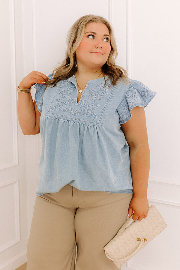 Farmers Market Cutie Embroidered Chambray Top in Light Wash Curves