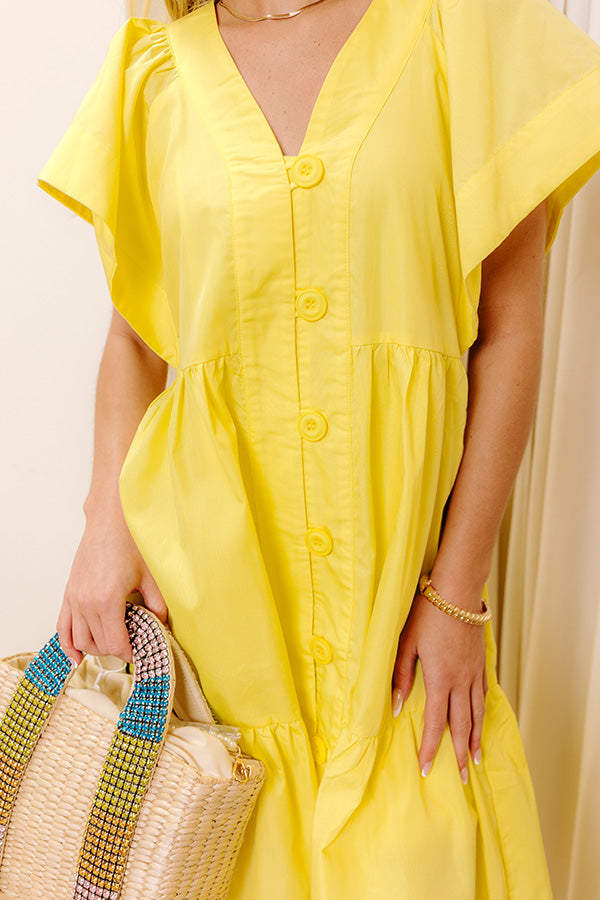 yellow button down midi dress Yellow V Neck Button Midi Dress