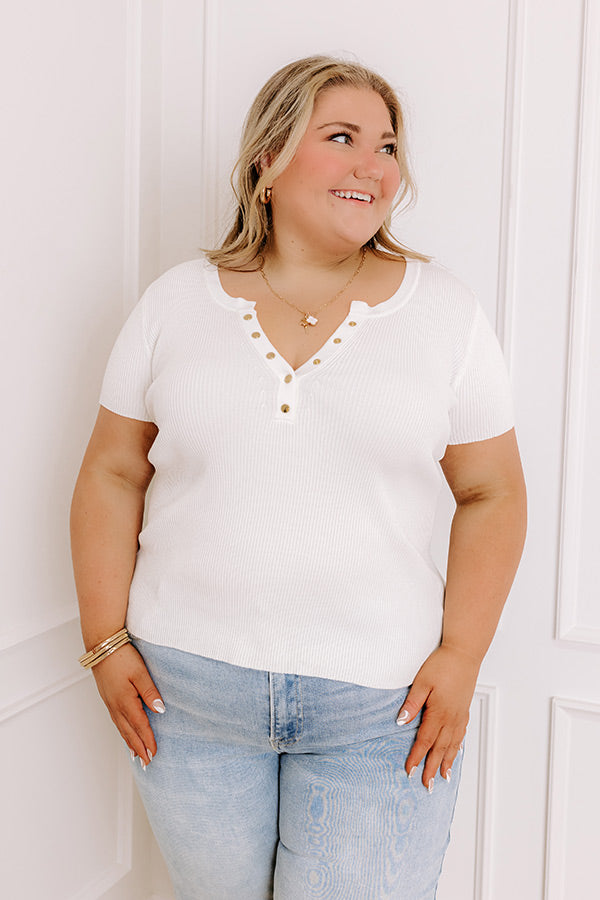 Cafe Hangout Ribbed Henley Top in Ivory Curves
